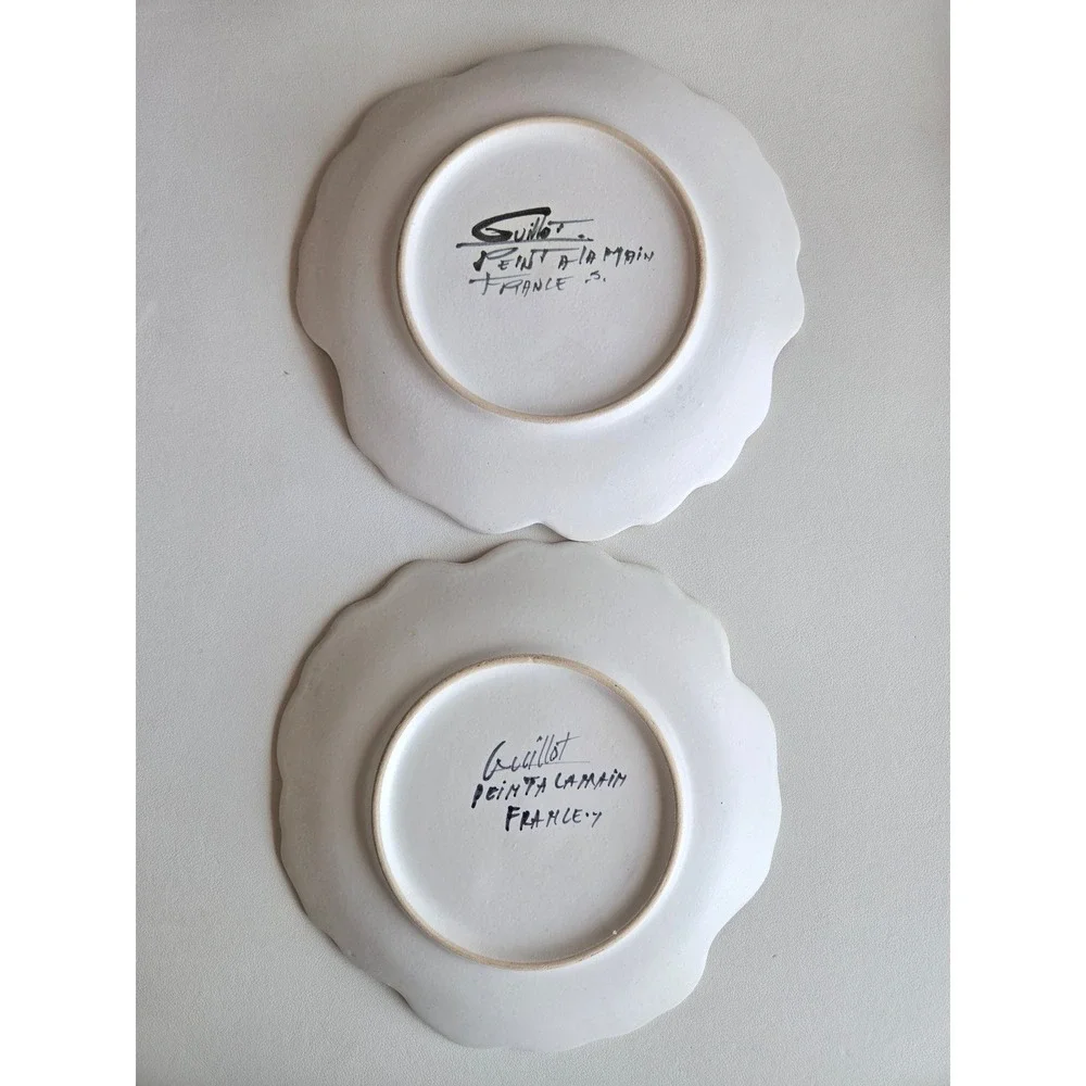 Signed Marcel Guillot France Hand Painted Pansy Flower Plates Set of 2 Vintage